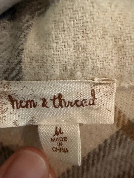 Hem and Thread Plaid Button-Up M Shacket Jacket in Cream and Gray - Picture 3 of 4